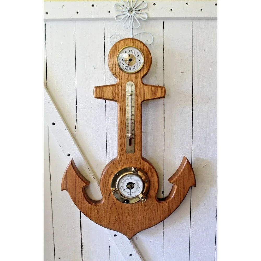 Rare Vintage Wood Carved Anchor Millibars Barometer Weather/Time 22